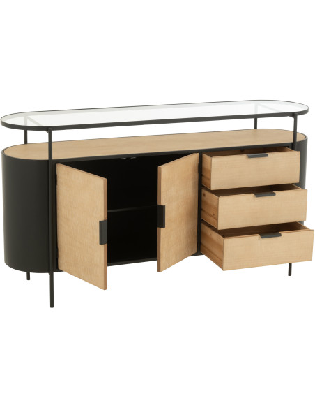 Buffet industriel moderne Bas Arrondi 2 portes 3 tiroirs 2 étagères en Métal Noir Bois Naturel Verre Transparent - 9