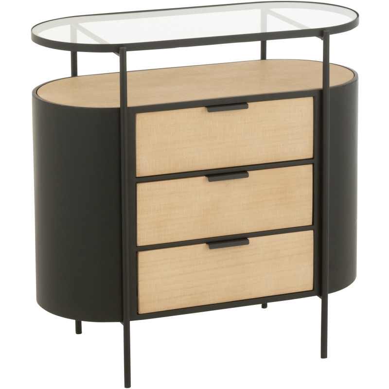 Commode industrielle moderne Arrondie 3 tiroirs 2 étagères en Métal Noir Bois Naturel Verre Transparent - 1