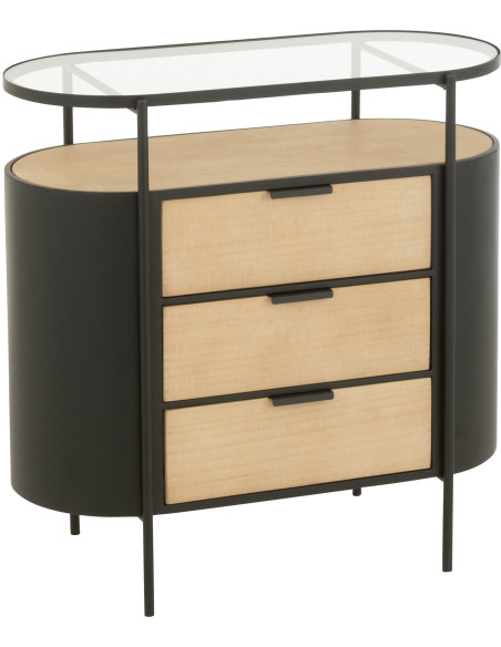 Commode industrielle moderne Arrondie 3 tiroirs 2 étagères en Métal Noir Bois Naturel Verre Transparent - 1