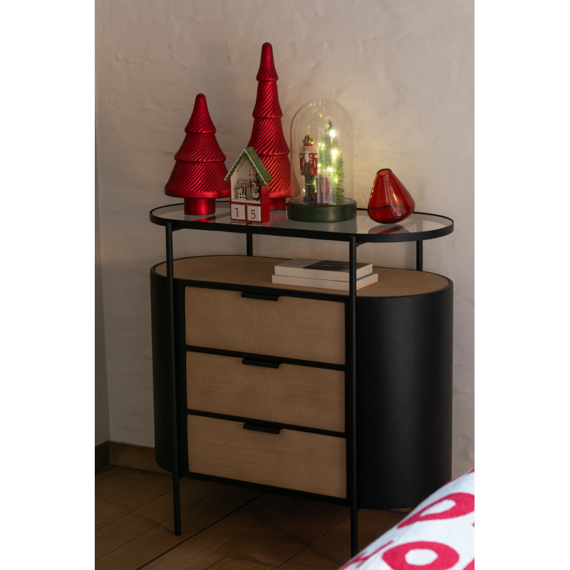 Commode industrielle moderne Arrondie 3 tiroirs 2 étagères en Métal Noir Bois Naturel Verre Transparent - 2