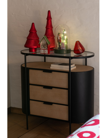 Commode industrielle moderne Arrondie 3 tiroirs 2 étagères en Métal Noir Bois Naturel Verre Transparent - 2