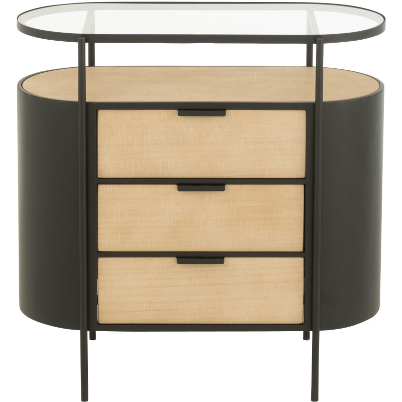 Commode industrielle moderne Arrondie 3 tiroirs 2 étagères en Métal Noir Bois Naturel Verre Transparent - 3