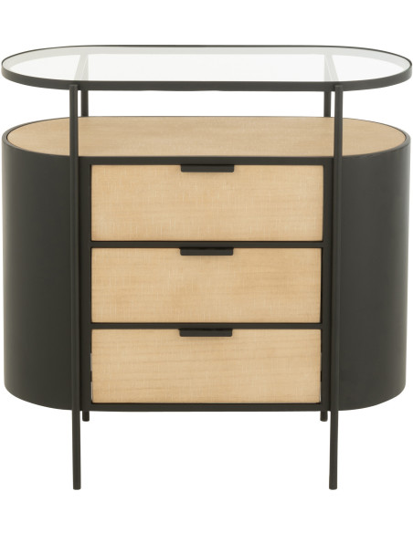 Commode industrielle moderne Arrondie 3 tiroirs 2 étagères en Métal Noir Bois Naturel Verre Transparent - 3