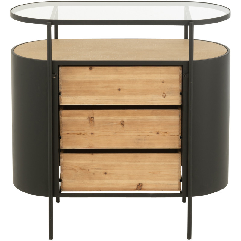 Commode industrielle moderne Arrondie 3 tiroirs 2 étagères en Métal Noir Bois Naturel Verre Transparent - 5