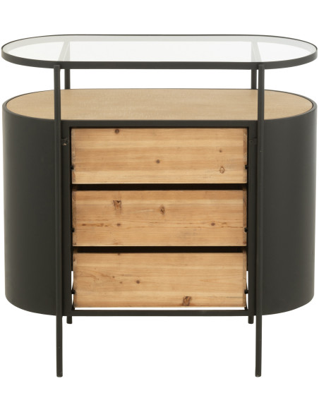 Commode industrielle moderne Arrondie 3 tiroirs 2 étagères en Métal Noir Bois Naturel Verre Transparent - 5