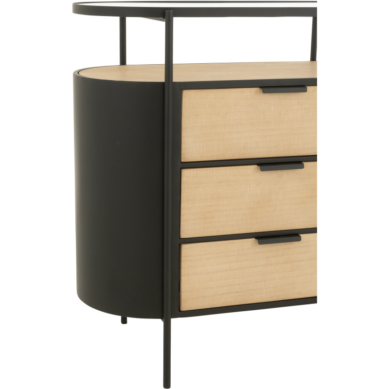 Commode industrielle moderne Arrondie 3 tiroirs 2 étagères en Métal Noir Bois Naturel Verre Transparent - 6