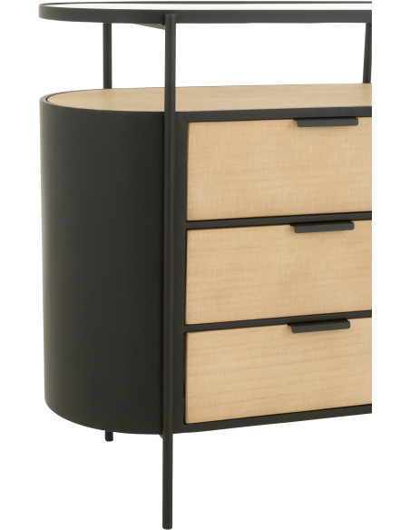 Commode industrielle moderne Arrondie 3 tiroirs 2 étagères en Métal Noir Bois Naturel Verre Transparent - 6