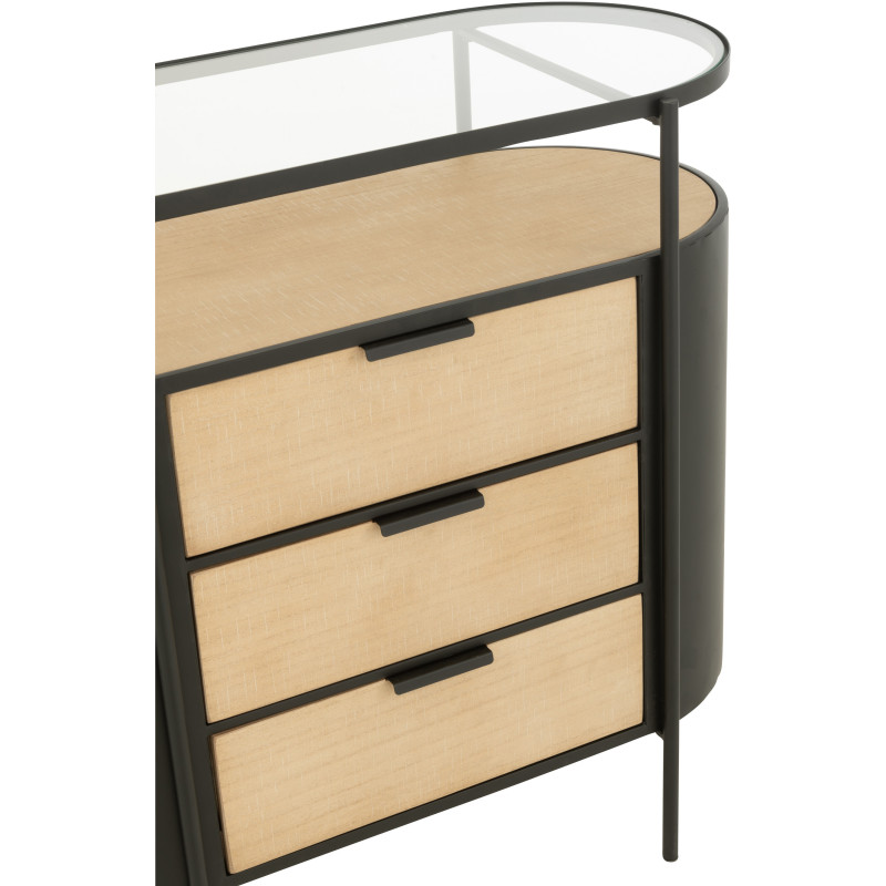 Commode industrielle moderne Arrondie 3 tiroirs 2 étagères en Métal Noir Bois Naturel Verre Transparent - 7