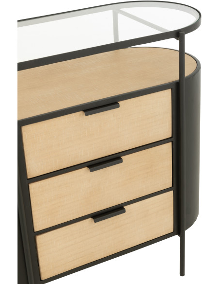 Commode industrielle moderne Arrondie 3 tiroirs 2 étagères en Métal Noir Bois Naturel Verre Transparent - 7