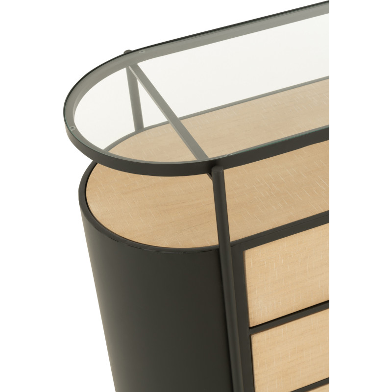 Commode industrielle moderne Arrondie 3 tiroirs 2 étagères en Métal Noir Bois Naturel Verre Transparent - 8