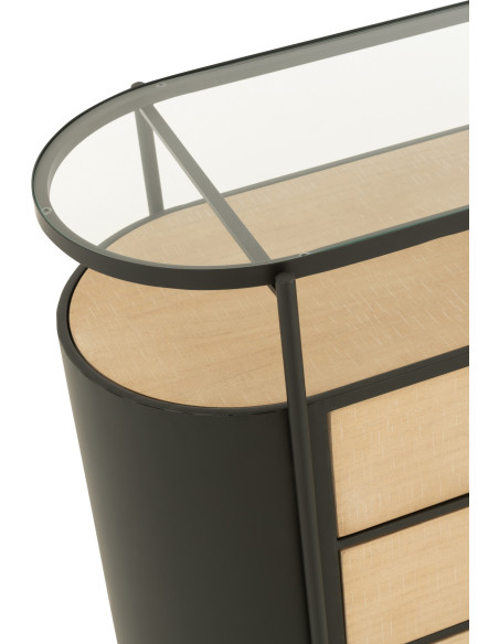 Commode industrielle moderne Arrondie 3 tiroirs 2 étagères en Métal Noir Bois Naturel Verre Transparent - 8