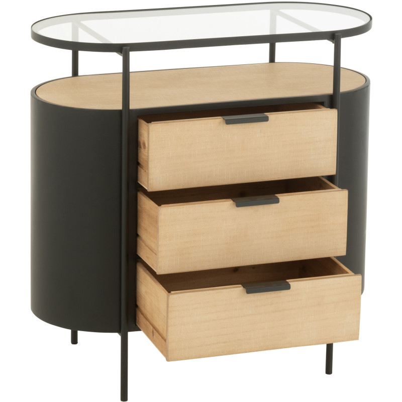 Commode industrielle moderne Arrondie 3 tiroirs 2 étagères en Métal Noir Bois Naturel Verre Transparent - 9