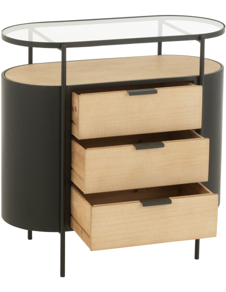 Commode industrielle moderne Arrondie 3 tiroirs 2 étagères en Métal Noir Bois Naturel Verre Transparent - 9