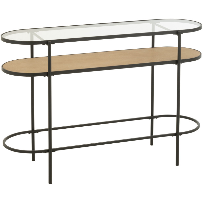 Console industrielle moderne Arrondie 1 étagère en Métal Noir Bois Naturel Verre Transparent - 1