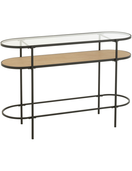 Console industrielle moderne Arrondie 1 étagère en Métal Noir Bois Naturel Verre Transparent - 1