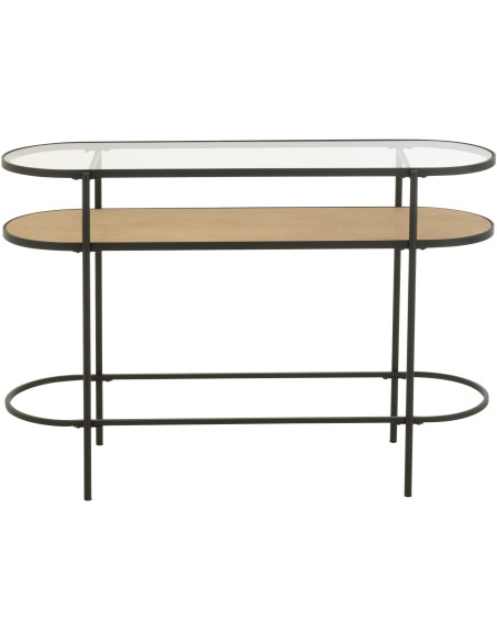 Console industrielle moderne Arrondie 1 étagère en Métal Noir Bois Naturel Verre Transparent - 2