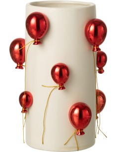 Vase design moderne Ballons Cylindrique Hauteur 30 cm en Céramique Blanc Rouge Carnival - 1