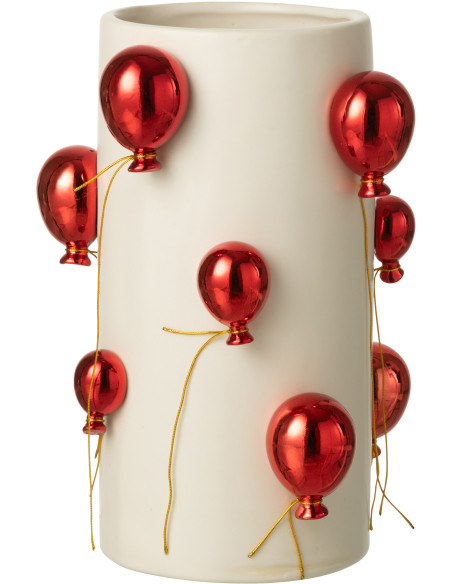 Vase design moderne Ballons Cylindrique Hauteur 30 cm en Céramique Blanc Rouge Carnival - 1