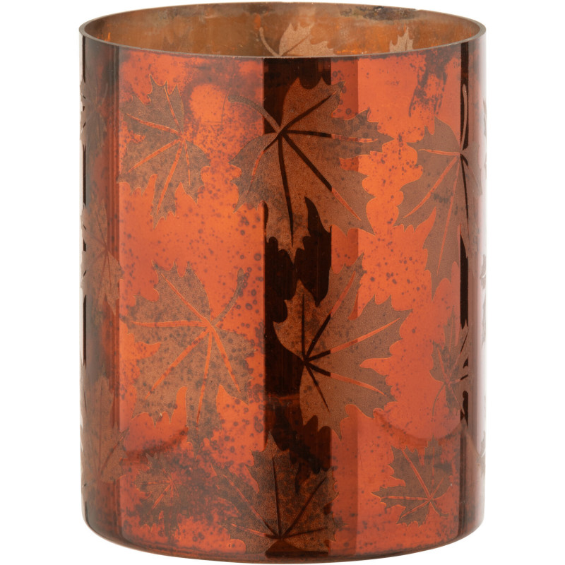 Photophore déco automne Diamètre 12 cm en Verre Marron rouille Motif feuilles Leavoni - 1