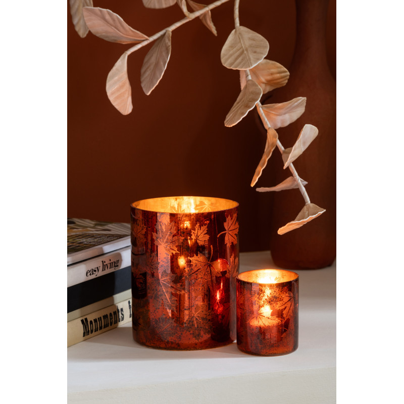 Photophore déco automne Diamètre 12 cm en Verre Marron rouille Motif feuilles Leavoni - 2