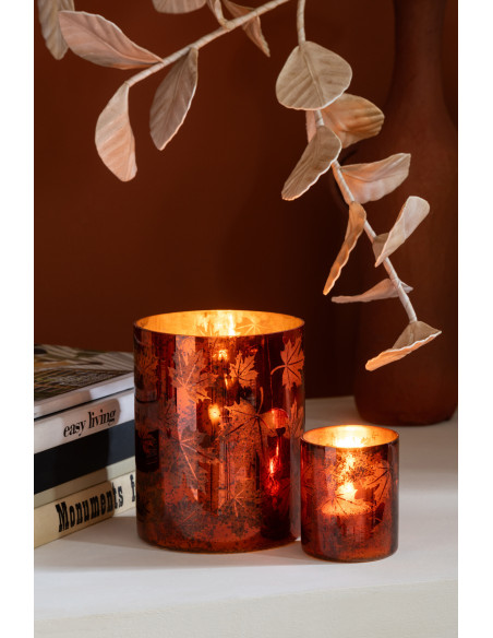 Photophore déco automne Diamètre 12 cm en Verre Marron rouille Motif feuilles Leavoni - 2