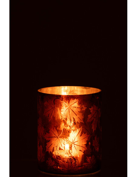 Photophore déco automne Diamètre 12 cm en Verre Marron rouille Motif feuilles Leavoni - 4
