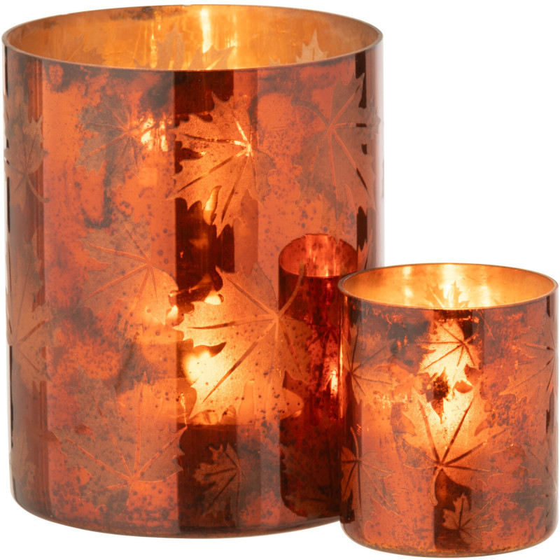Photophore déco automne Diamètre 12 cm en Verre Marron rouille Motif feuilles Leavoni - 6