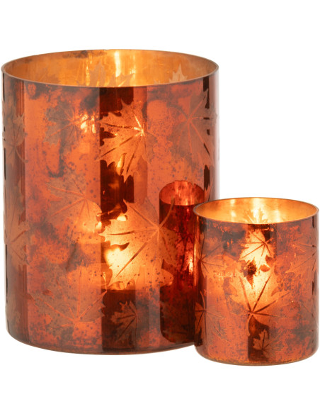 Photophore déco automne Diamètre 12 cm en Verre Marron rouille Motif feuilles Leavoni - 6