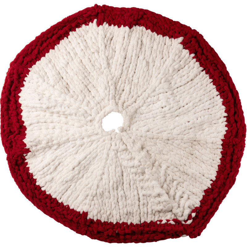 Grande Jupe de sapin cache pied Ronde 90x90 en Tissu Blanc Rouge Tricoté Frimora - 1