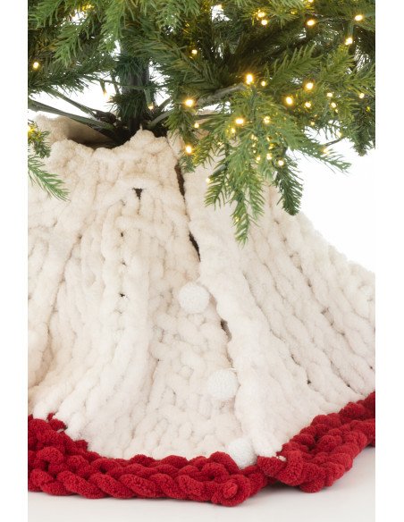 Grande Jupe de sapin cache pied Ronde 90x90 en Tissu Blanc Rouge Tricoté Frimora - 6