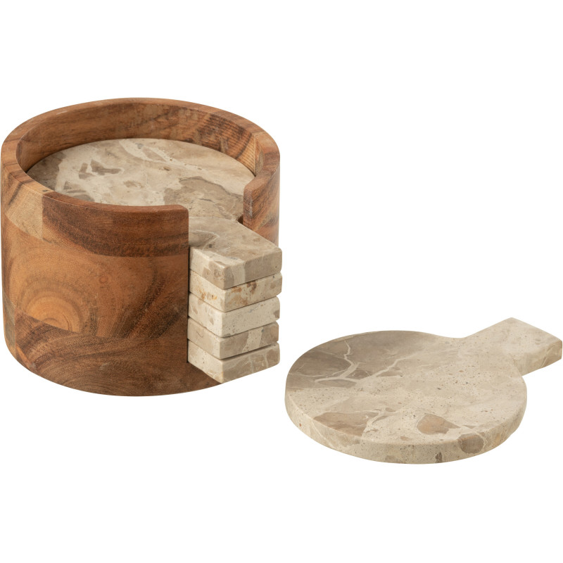 4 Sous-verre Rond Avec rangement en Marbre Beige Bois Marron Calysso - 1