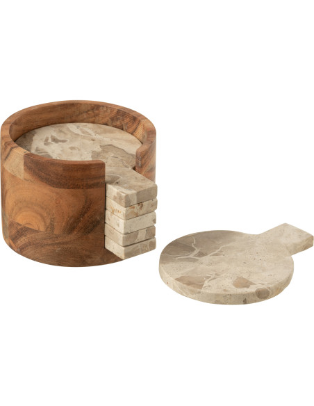 4 Sous-verre Rond Avec rangement en Marbre Beige Bois Marron Calysso - 1