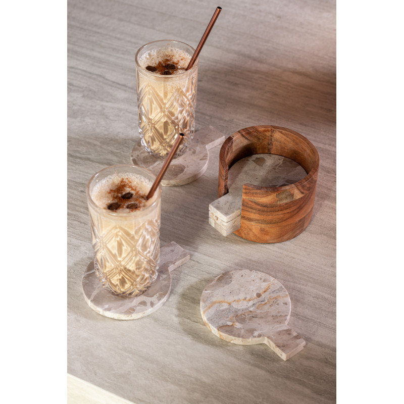 4 Sous-verre Rond Avec rangement en Marbre Beige Bois Marron Calysso - 2
