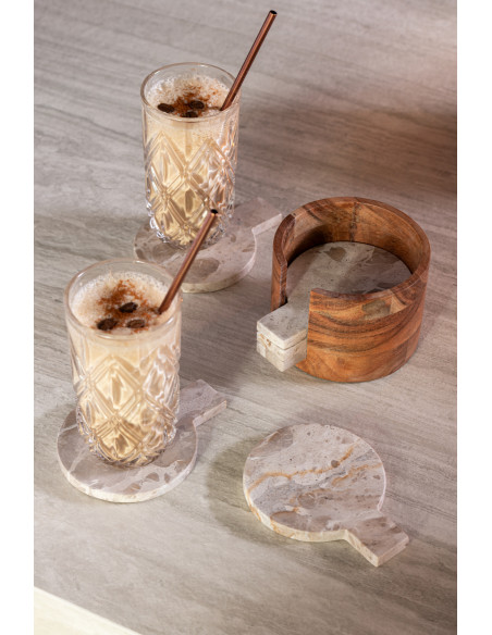 4 Sous-verre Rond Avec rangement en Marbre Beige Bois Marron Calysso - 2
