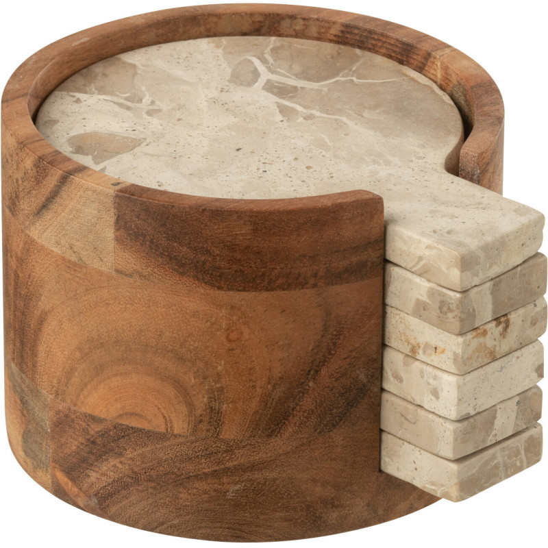 4 Sous-verre Rond Avec rangement en Marbre Beige Bois Marron Calysso - 3