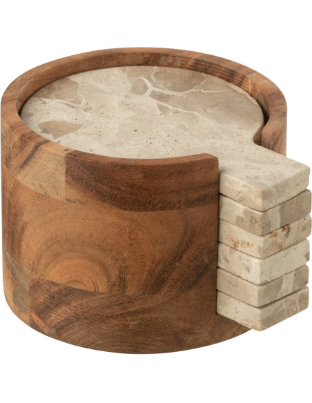 4 Sous-verre Rond Avec rangement en Marbre Beige Bois Marron Calysso - 3