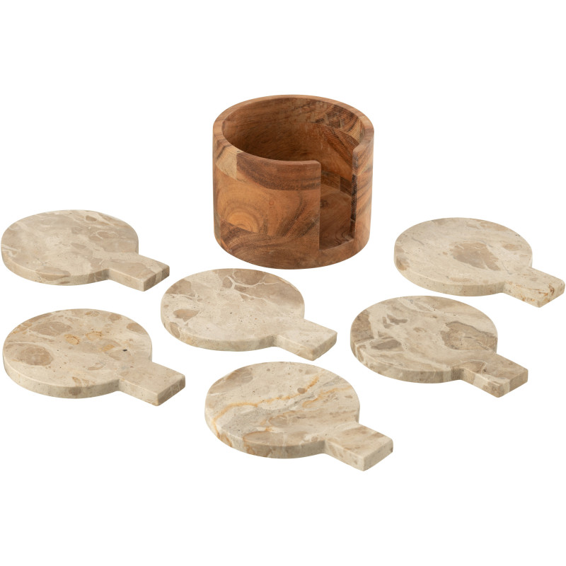 4 Sous-verre Rond Avec rangement en Marbre Beige Bois Marron Calysso - 4
