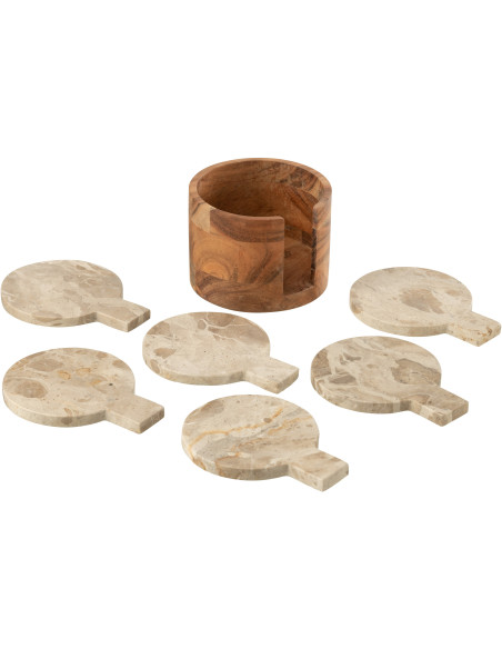 4 Sous-verre Rond Avec rangement en Marbre Beige Bois Marron Calysso - 4