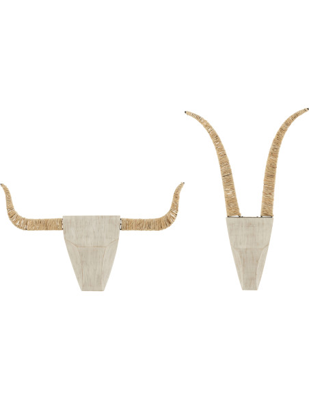 Déco Murale Tête de taureau abstraite Bram en Bois de sapin Blanc Roseau Naturel (Lot de 2) - 1