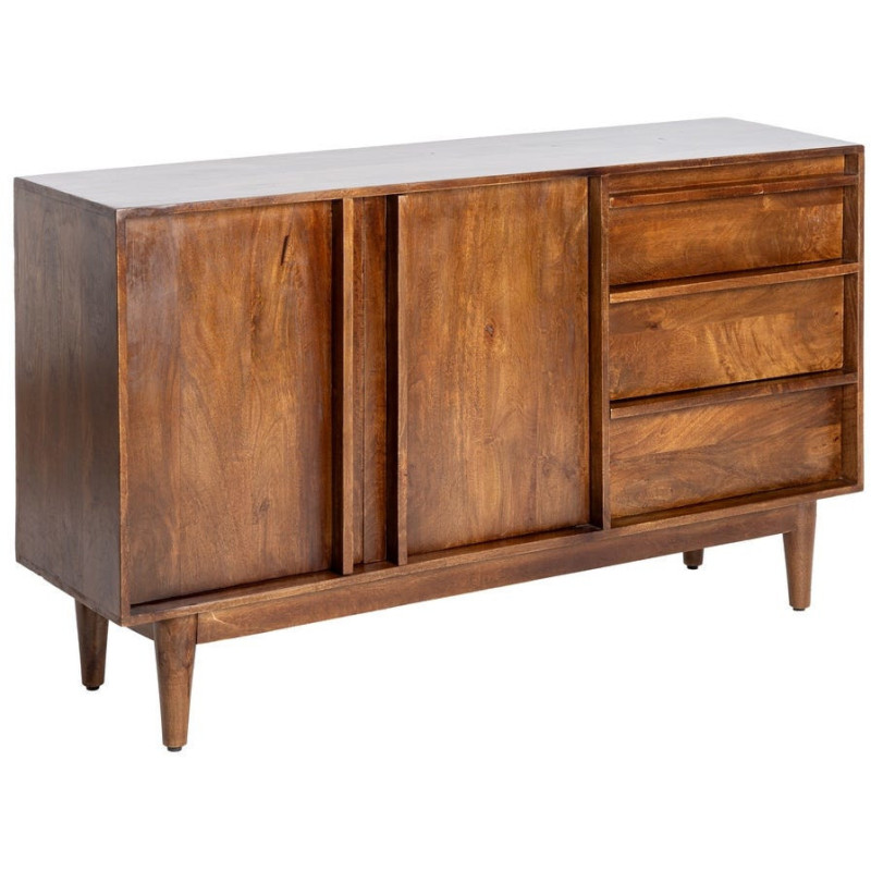 Grand Buffet mid-century moderne Bas 2 portes 3 tiroirs en Bois de manguier Marron Garrel - 1