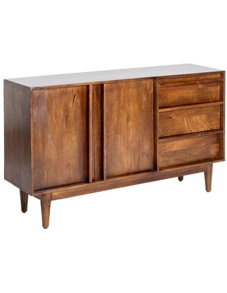 Grand Buffet mid-century moderne Bas 2 portes 3 tiroirs en Bois de manguier Marron Garrel - 1