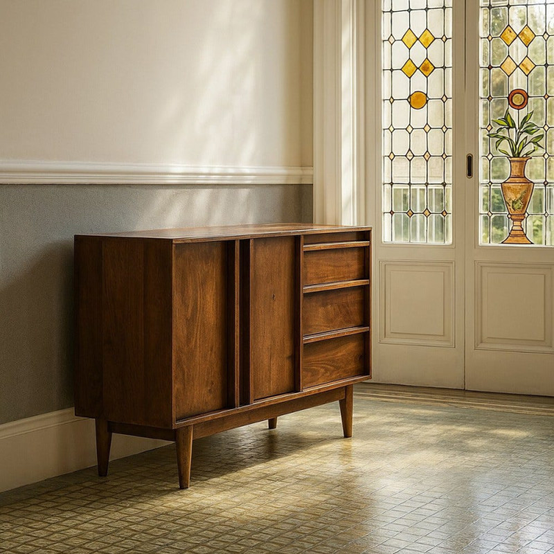 Grand Buffet mid-century moderne Bas 2 portes 3 tiroirs en Bois de manguier Marron Garrel - 2
