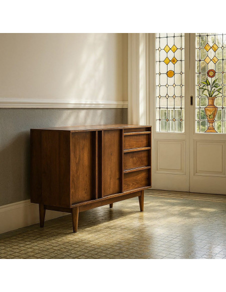 Grand Buffet mid-century moderne Bas 2 portes 3 tiroirs en Bois de manguier Marron Garrel - 2