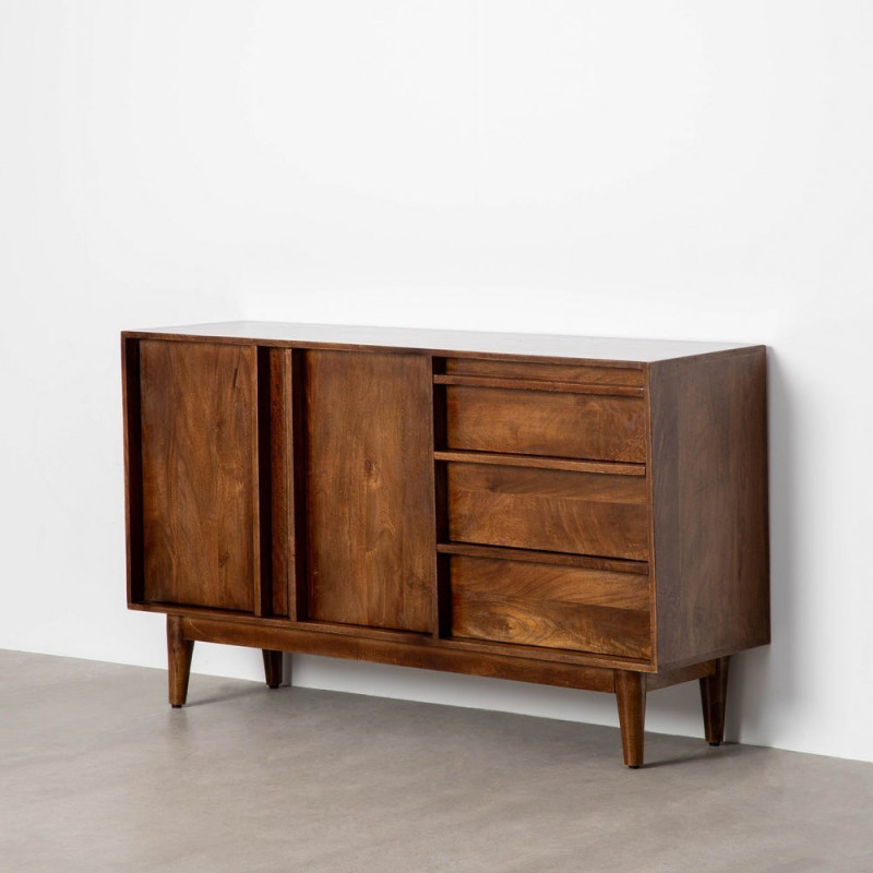 Grand Buffet mid-century moderne Bas 2 portes 3 tiroirs en Bois de manguier Marron Garrel - 8