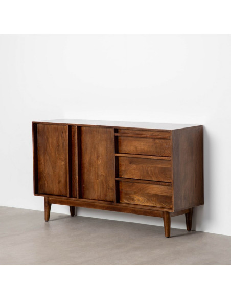 Grand Buffet mid-century moderne Bas 2 portes 3 tiroirs en Bois de manguier Marron Garrel - 8