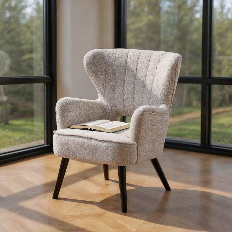 Fauteuil scandinave chic en Tissu Écru Chiné Bois d'hévéa Noir Trasp - 2