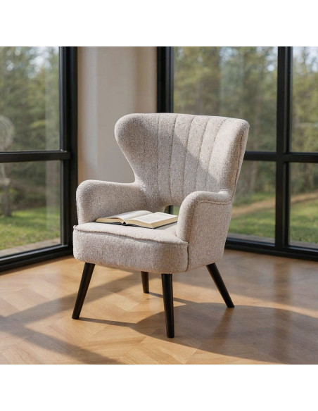 Fauteuil scandinave chic en Tissu Écru Chiné Bois d'hévéa Noir Trasp - 2