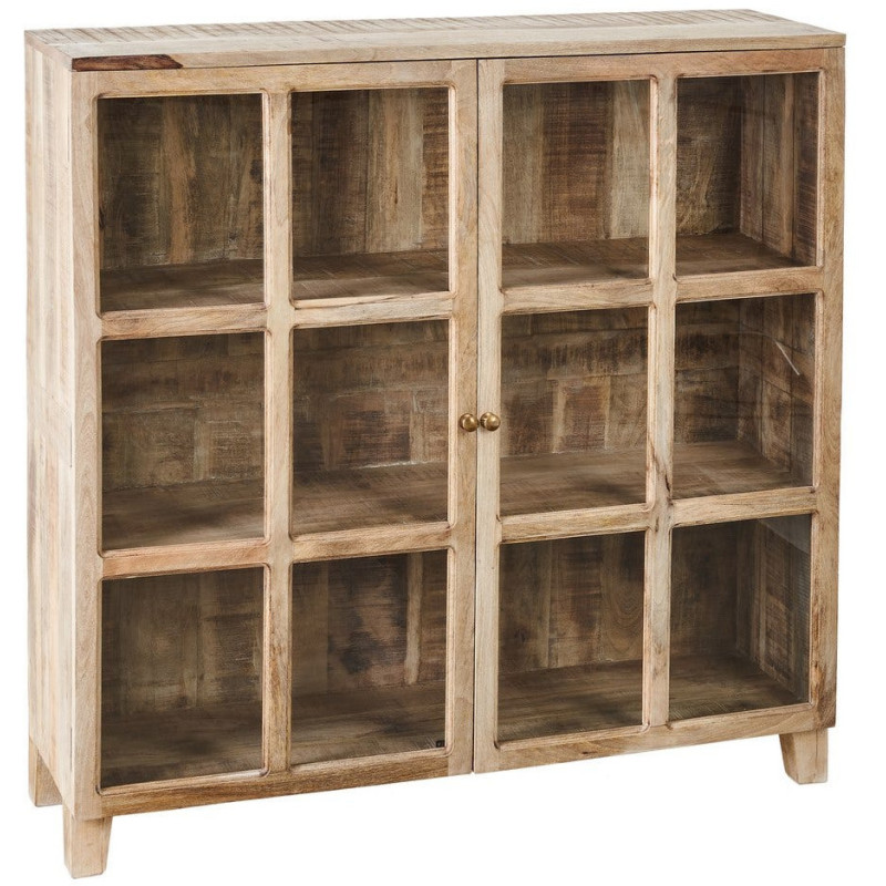 Buffet Vitrine rustique chic Bas 2 portes 3 étagères en Bois de manguier Naturel Verre Transparent Cala - 1