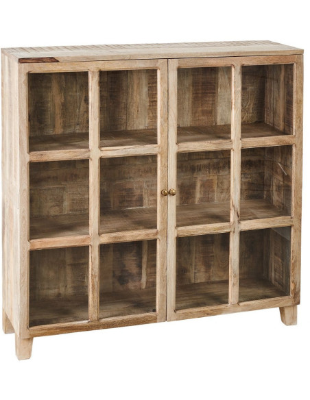 Buffet Vitrine rustique chic Bas 2 portes 3 étagères en Bois de manguier Naturel Verre Transparent Cala - 1