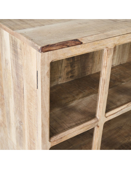 Buffet Vitrine rustique chic Bas 2 portes 3 étagères en Bois de manguier Naturel Verre Transparent Cala - 4
